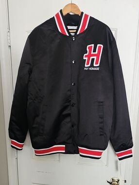 HOMAGE Black Satin Varsity Jacket with Red & White Trim